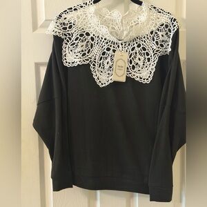 Chic Black Sweater with Intricate Lace Collar